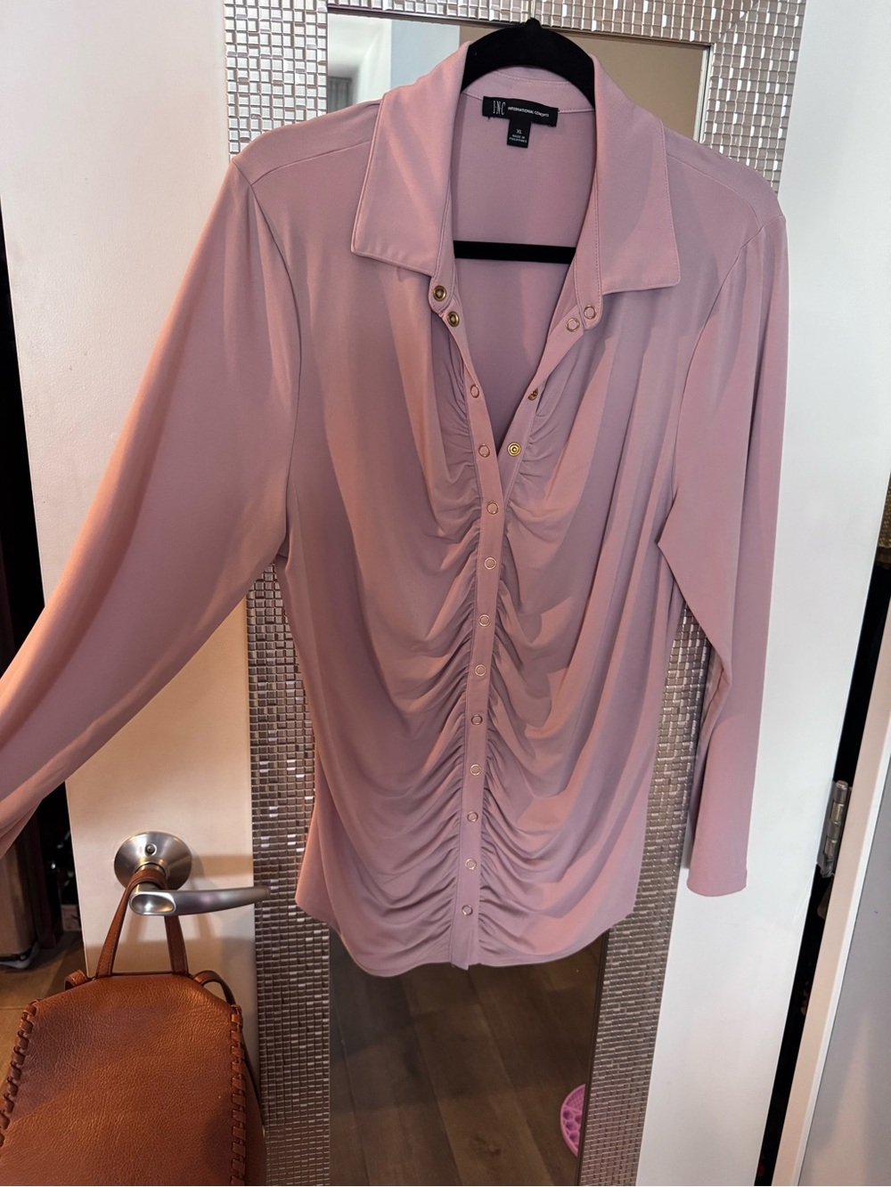INC International Concepts Blush Pink Ruched Front Button-Down Shirt